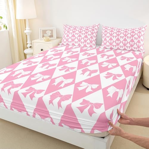 Manfei Pink Bow Fitted Sheet Set Queen Size 1
