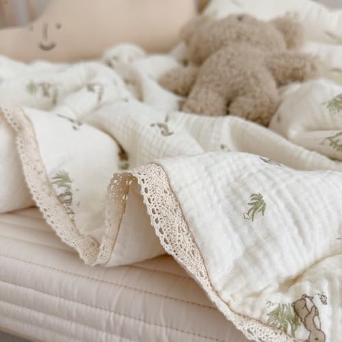 BuLuTu Cartoon Bunny Gauze Toddler Quilt Soft Breathable Cotton Muslin Blanket