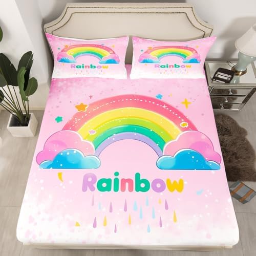 Castle Fairy Cartoon Rainbow Fitted Sheet Twin Size Set