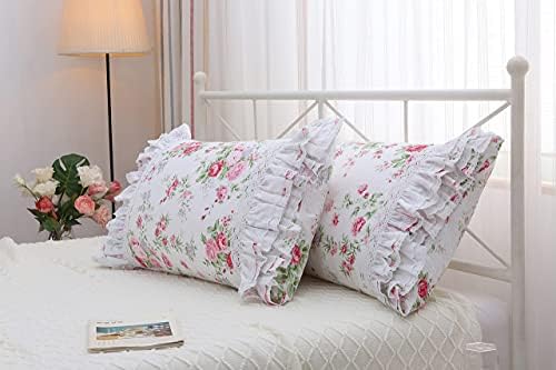2-Pack Rose Floral Print Pillow Shams with Lace Ruffles 1