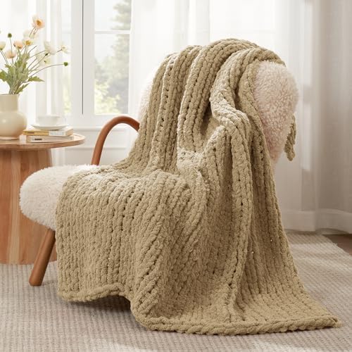 Amlie Home Chunky Knit Throw Blanket for Couch 40x50 Beige