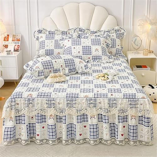 Floral Quilted Bedspread Set with Ruffles and Lace 3-Piece Cotton Bedding