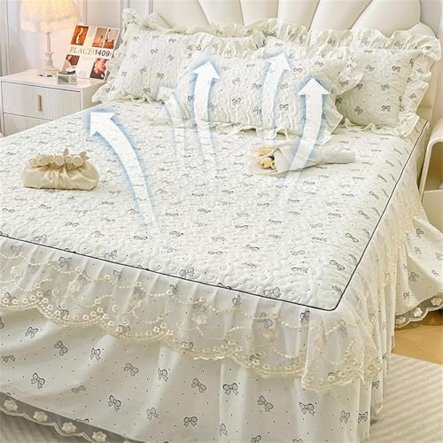 Floral Quilted Bedspread Set with Ruffles and Lace 3-Piece Cotton Bedding