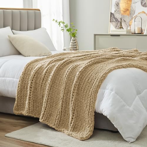 Amlie Home Chunky Knit Throw Blanket for Couch 40x50 Beige