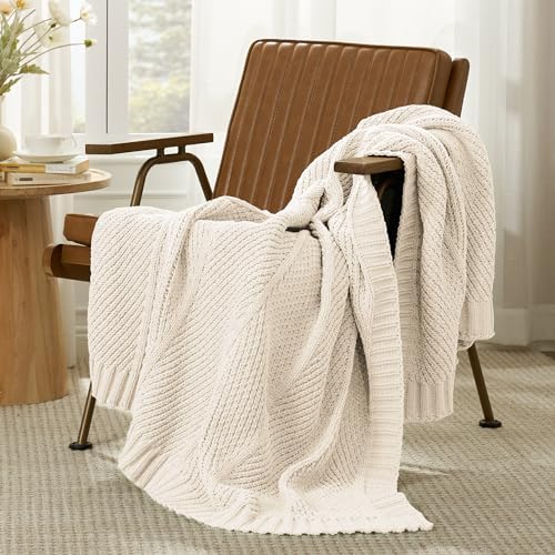 Amlie Home Chenille Knit Throw Blanket Ivory 50x60