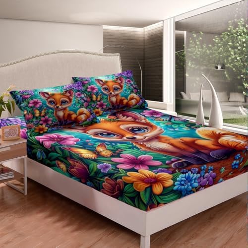 Cute Fox Fitted Sheet Twin Set with Pillowcase
