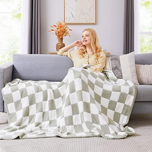 WRENSONGE Checkered Throw Blanket Sage Green Soft Cozy Fluffy 1