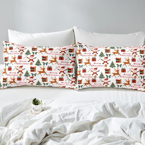 Homewish Merry Christmas Twin Sheet Set with Santa Reindeer Pillowcase