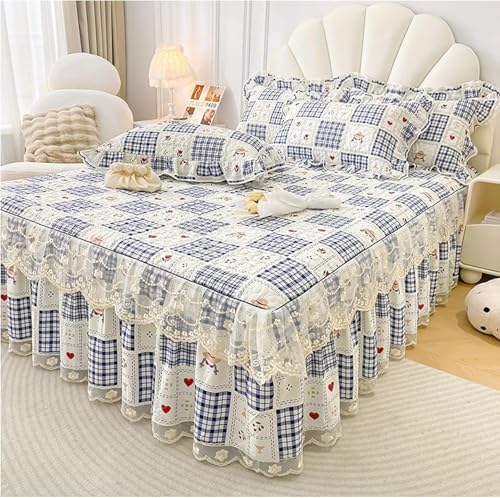 Floral Quilted Bedspread Set with Ruffles and Lace 3-Piece Cotton Bedding