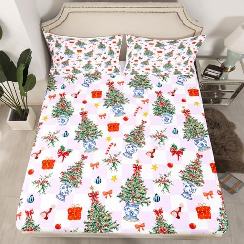 Castle Fairy Christmas Pine Fitted Sheet Twin Set with Pillowcase 1