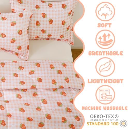 Yibeizi Pink Checkered Comforter Set for Girls