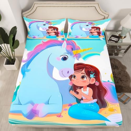 Manfei Mermaid Unicorn Sheet Set Kids Twin with Pillowcase