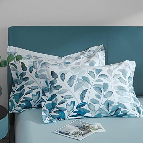 MILDY 100 Cotton Pillow Shams - Gradient Blue Leaf Print Queen 20x26 2pc