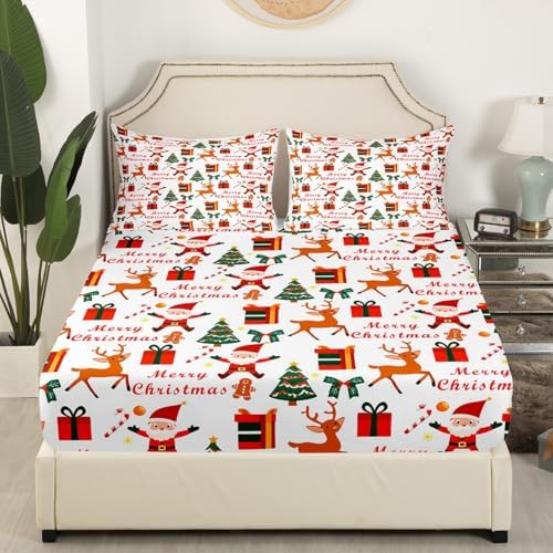 Homewish Merry Christmas Twin Sheet Set with Santa Reindeer Pillowcase