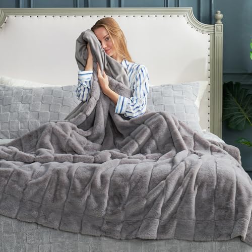 Cozy Bliss Faux Fur Throw Blanket Grey 50x60 Inches