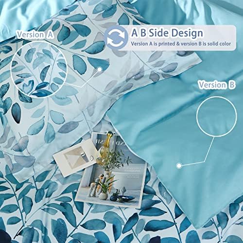 MILDY 100 Cotton Pillow Shams - Gradient Blue Leaf Print Queen 20x26 2pc