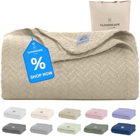 CLOUDSCAPE LINEN Herringbone Cotton Twin Blanket Beige Fog 68x92