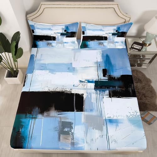 Manfei Abstract Art Bed Sheet Set Twin Size Gray Blue Black