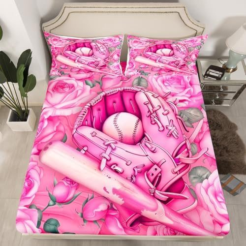 Manfei Baseball Bed Sheet Set Girly Sports Theme Twin Size