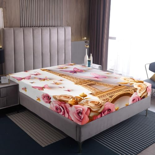 Castle Fairy Pink Flowers Eiffel Tower Twin Sheet Set