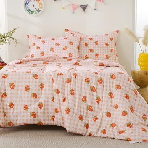 Yibeizi Pink Checkered Comforter Set for Girls