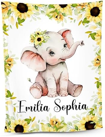 NAZENTI Personalized Elephant Baby Blanket with Name and Floral