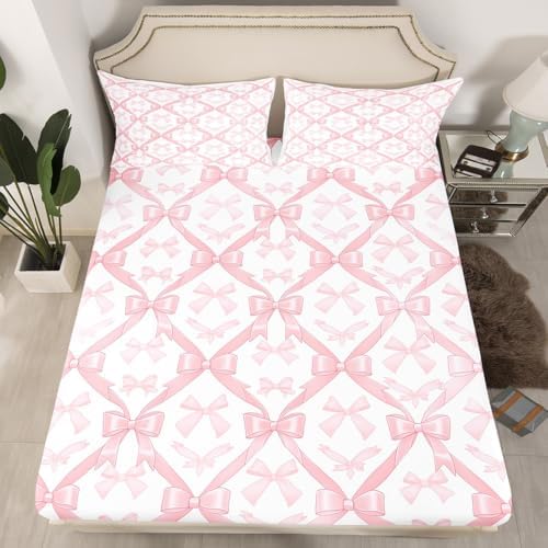 Manfei Pink Bowknots Queen Fitted Sheet Set