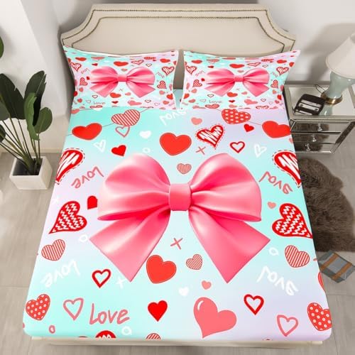 Homewish 3D Pink Bow Fitted Sheet Set Twin Size