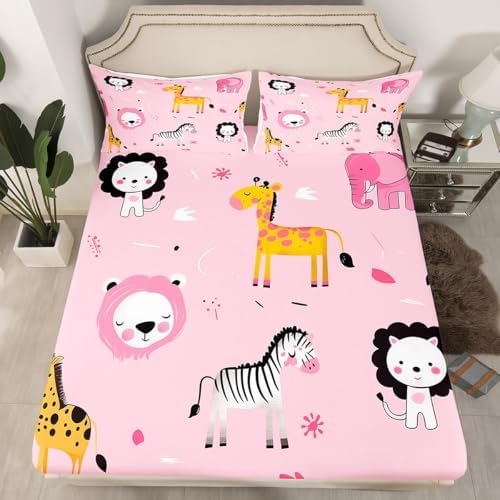 Manfei Cartoon Animal Sheet Set Giraffe Zebra Lion Elephant Twin Size