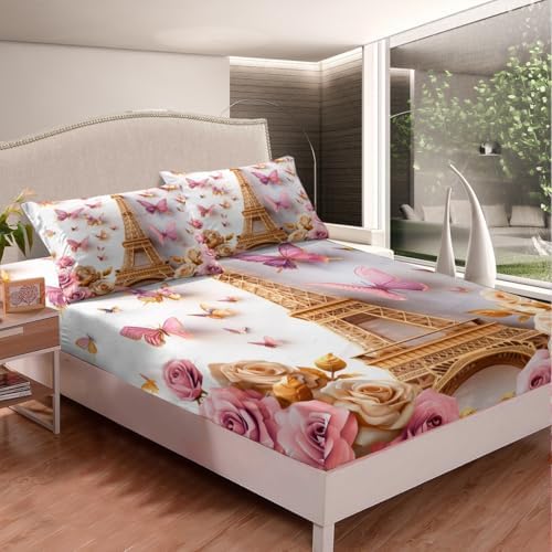 Castle Fairy Pink Flowers Eiffel Tower Twin Sheet Set