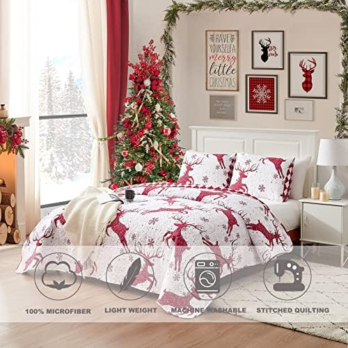 Christmas Queen Quilt Set with Reindeer Print and Pillowcases