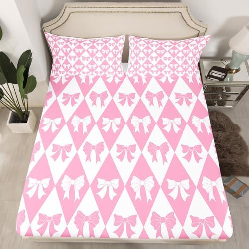 Manfei Pink Bow Fitted Sheet Set Queen Size 1