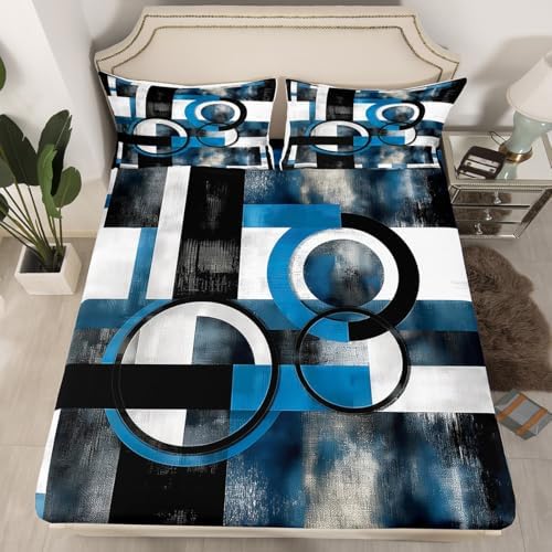 Homewish Blue Geometry Fitted Sheet Twin Set with Pillowcase