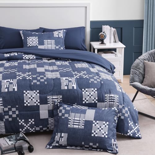 Navy Blue Plaid Twin XL Comforter Set 5 Pieces