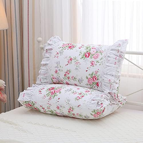 2-Pack Rose Floral Print Pillow Shams with Lace Ruffles 1