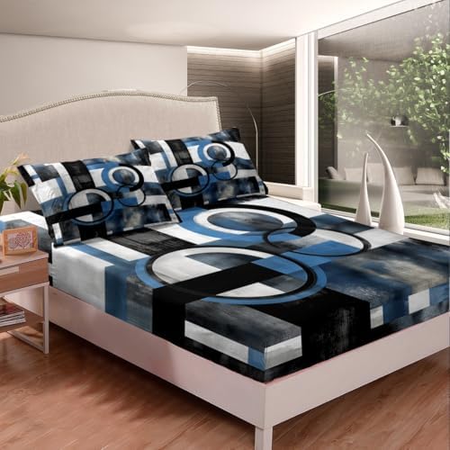 Homewish Blue Geometry Fitted Sheet Twin Set with Pillowcase