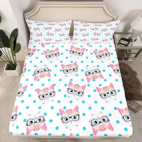 Homewish Cute Cat Fitted Sheet Twin Set with Pillowcase