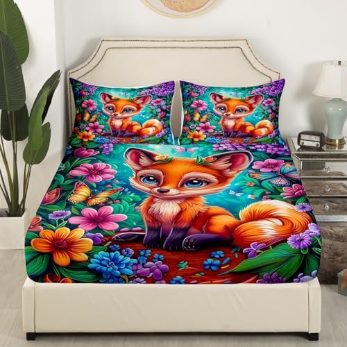 Cute Fox Fitted Sheet Twin Set with Pillowcase