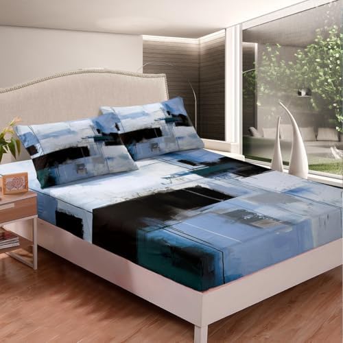 Manfei Abstract Art Bed Sheet Set Twin Size Gray Blue Black