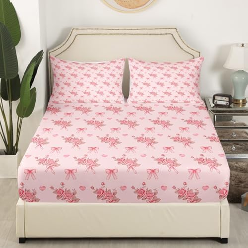 Manfei Flowers Bow Fitted Sheet Queen Pink Bow-tie Design