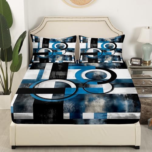 Homewish Blue Geometry Fitted Sheet Twin Set with Pillowcase