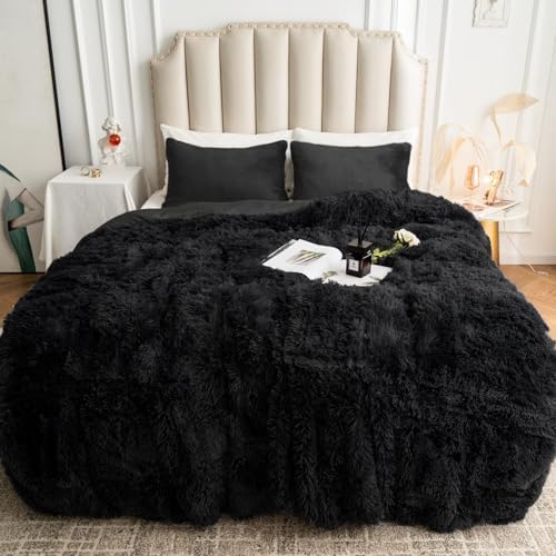 CHOSHOME Plush Shaggy Duvet Cover Set Black