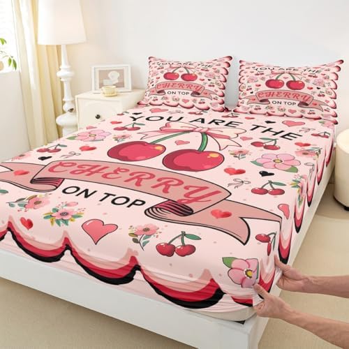 Manfei Cherry Bow Fitted Sheet Set Queen Size 1