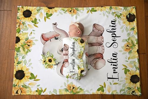 NAZENTI Personalized Elephant Baby Blanket with Name and Floral