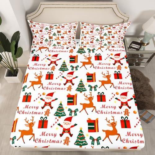Homewish Merry Christmas Twin Sheet Set with Santa Reindeer Pillowcase