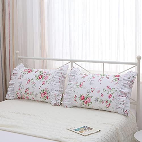 2-Pack Rose Floral Print Pillow Shams with Lace Ruffles 1