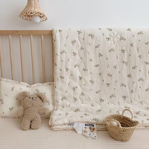 BuLuTu Cartoon Bunny Gauze Toddler Quilt Soft Breathable Cotton Muslin Blanket