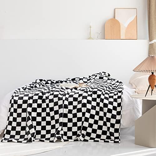 LOMAO Soft Flannel Throw Blanket with Checkerboard Pattern Black 50x60