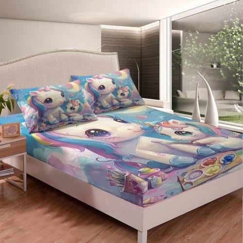 Manfei Unicorn Cartoon Bed Sheet Set Twin with Pillowcase