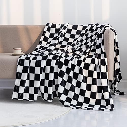 LOMAO Soft Flannel Throw Blanket with Checkerboard Pattern Black 50x60